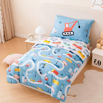 Perfemet 4-Piece Toddler Bedding Set Boys Cars Toddler Comforter With Sheets Reversible Lightweight Blue Vehicles Toddler Bed Se
