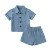 Baby Boys Clothes Set Toddler Infant Boys Button-Down Shirt Tops + Cotton Gauze Pants Summer Outfit 2Pcs With Pockets (Grey-Blue