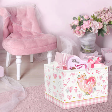 Clastyle Pink Flower Heart Basket Birthday Day Gift Basket Empty Girl Buffalo Plaid Shelf Basket Rectangle Clothes Book Toy Stor