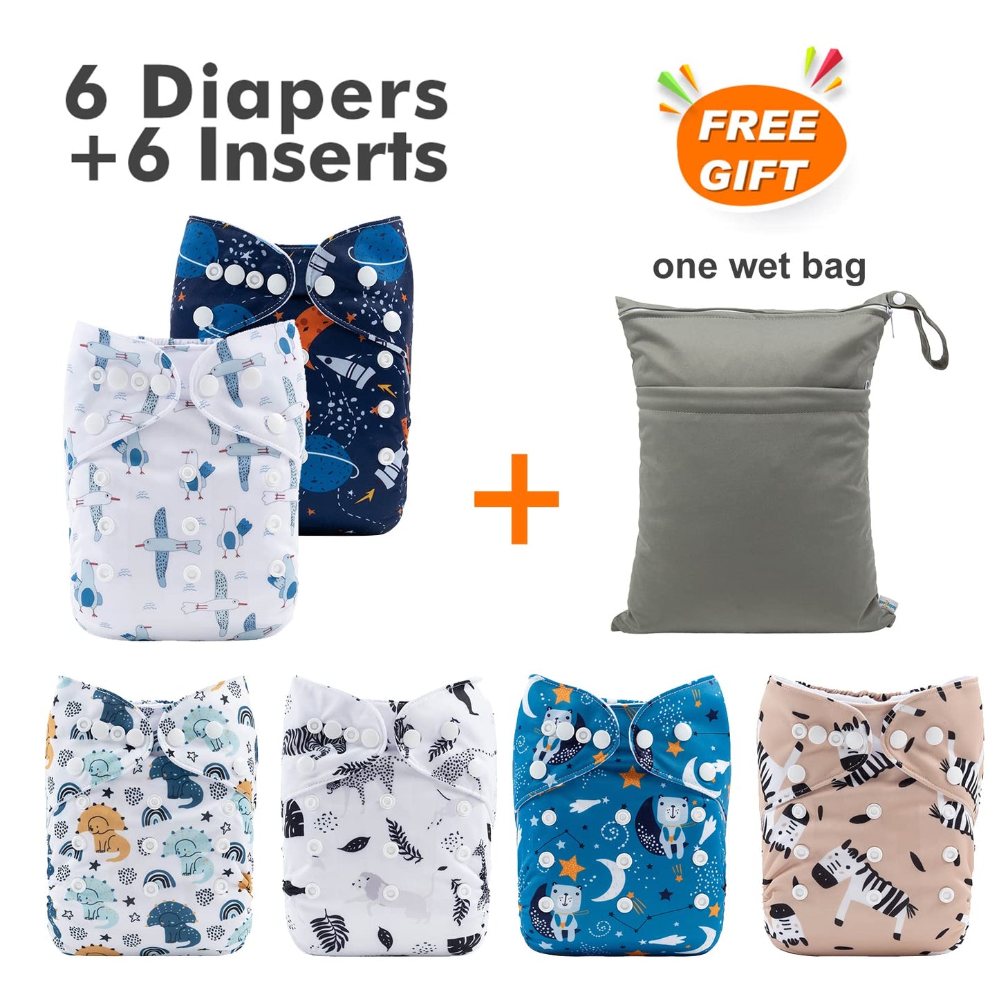 babygoal Reusable Cloth Diapers 6 Pack+6pcs Rayon from Bamboo Inserts+Wet Bag, One Size Adjustable Washable Pocket Nappy Covers