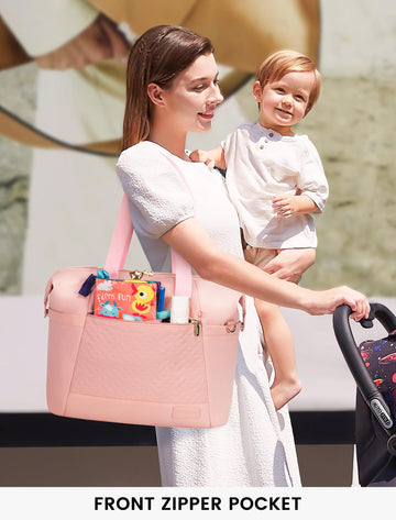 Lovevook Diaper Bag Tote, Large Baby Tote Bag, Travel Diaper Tote For Mom And Dad With Changing Pad And First Aid Bag, Pink