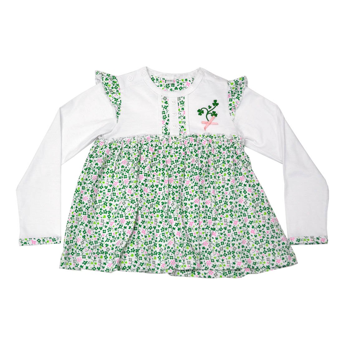 White Baby Dress With Shamrock And Flowers Design