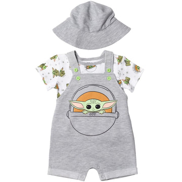 Star Wars The Child Newborn Baby Boys Short Overalls T-Shirt And Hat 3 Piece Outfit Set Grogu Gray 6-9 Months