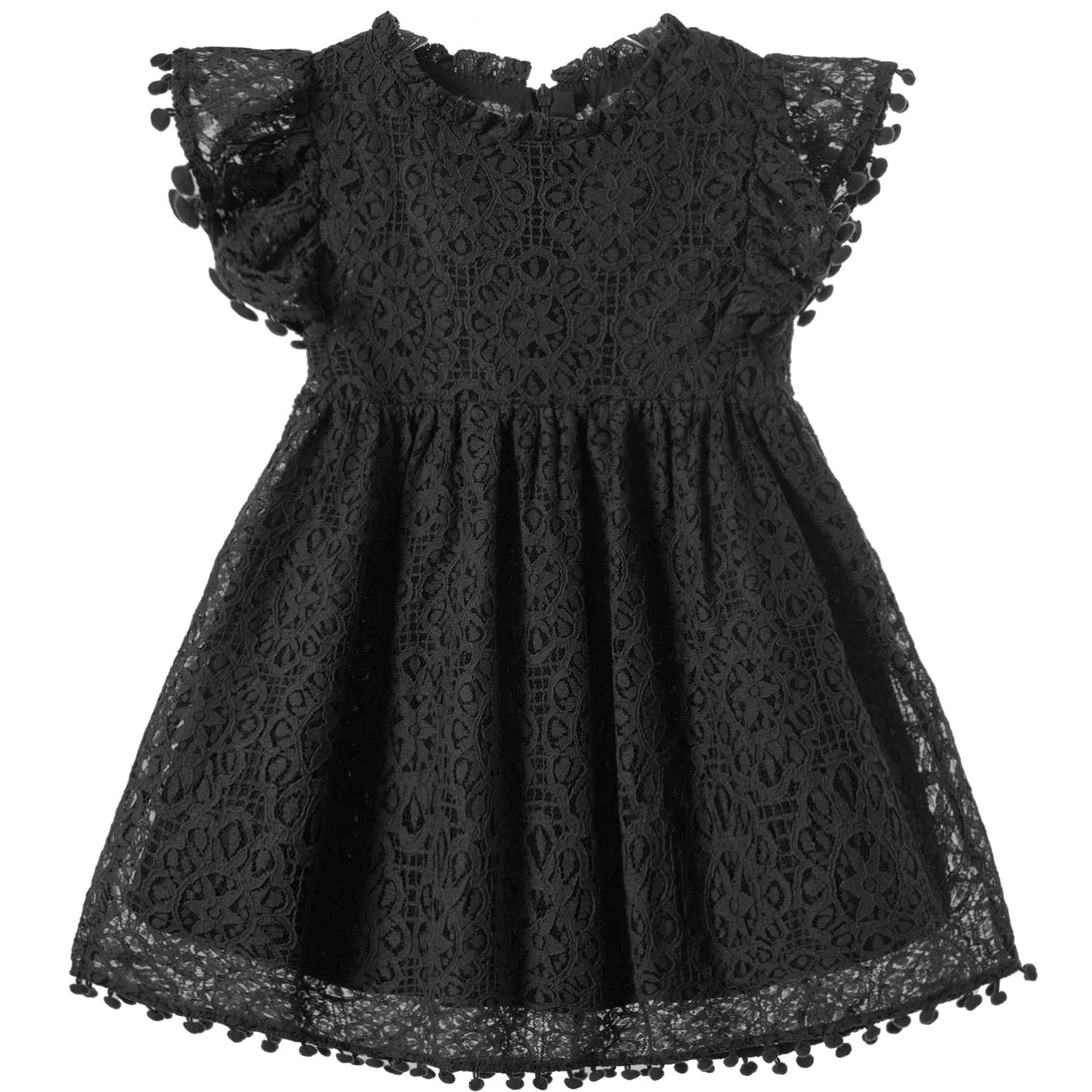Niyage Toddler Girls Elegant Lace Pom Pom Flutter Sleeve Party Princess Dress Black 90