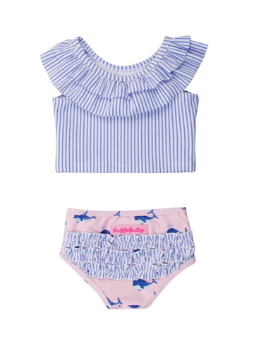 Rufflebutts Baby/Toddler Girls Cropped 2-Piece Sleeveless Tankini Swimsuits With Upf50+ Sun Protection - Pink Whale Friends, 3T