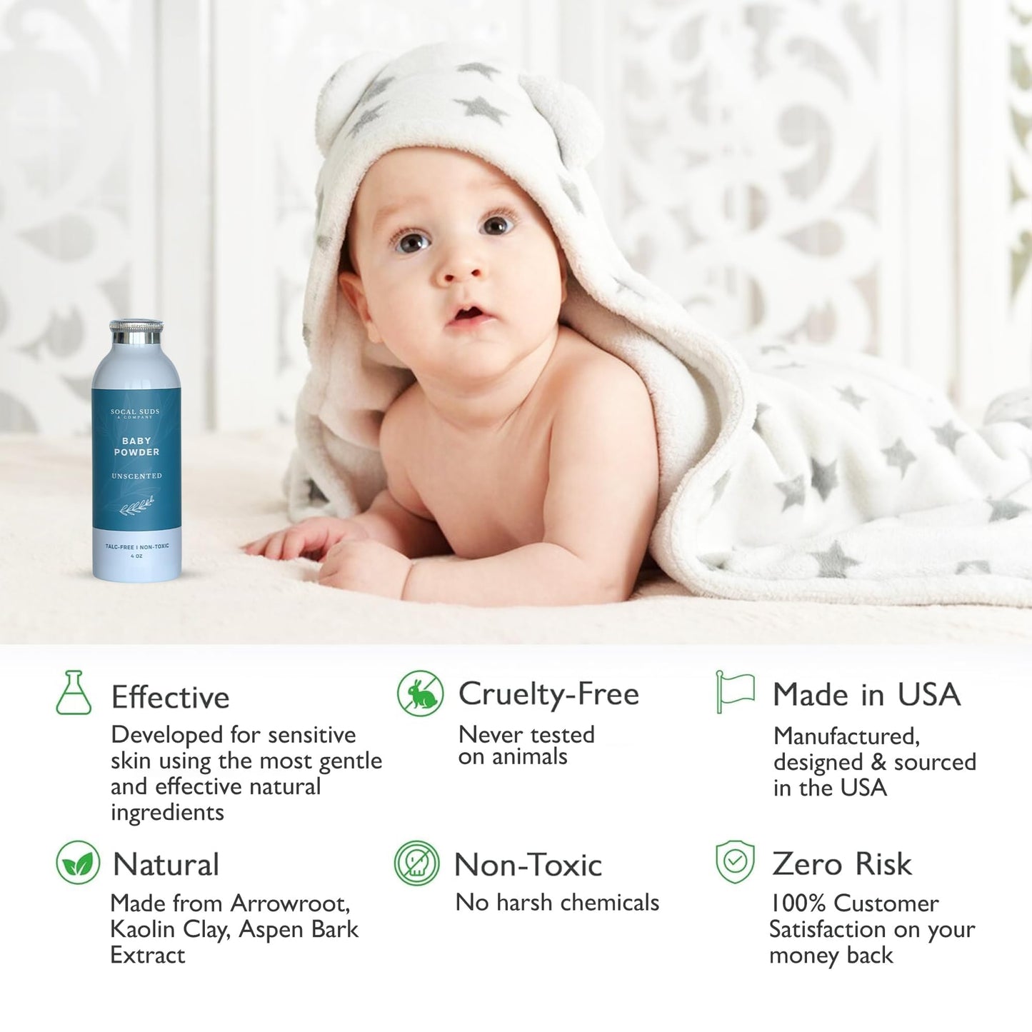 Socal Suds & Company - Natural Baby Powder - Talc-Free Formula With Arrowroot, Kaolin, Aspen Bark Extract For Soft Soothing Sens