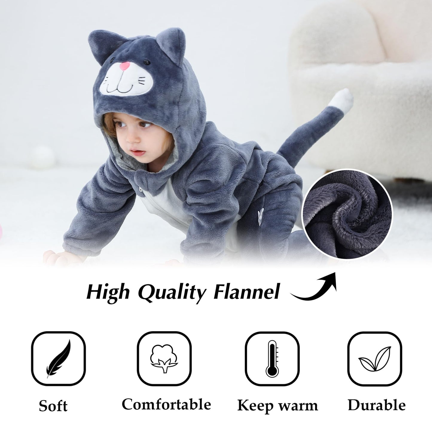 Tonwhar Unisex Baby Animal Halloween Costume Kid'S And Toddler'S Autumn Winter Outfits Jumpsuit(6-12 Months,Dark Gray Cat)
