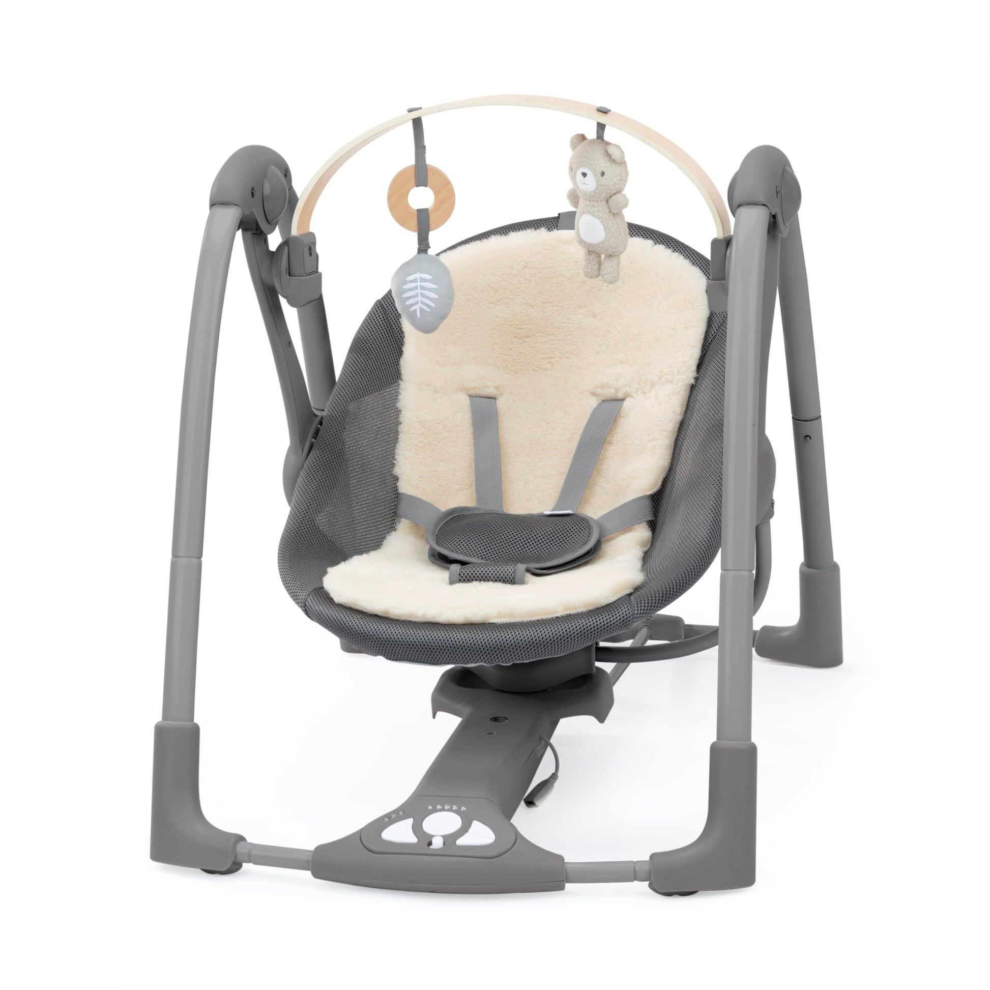 Ingenuity Every Season Swing 'N Go Portable Swing - Cooling And Warming Fabrics, Detachable Sustainable Wooden Bar, Music, Motor
