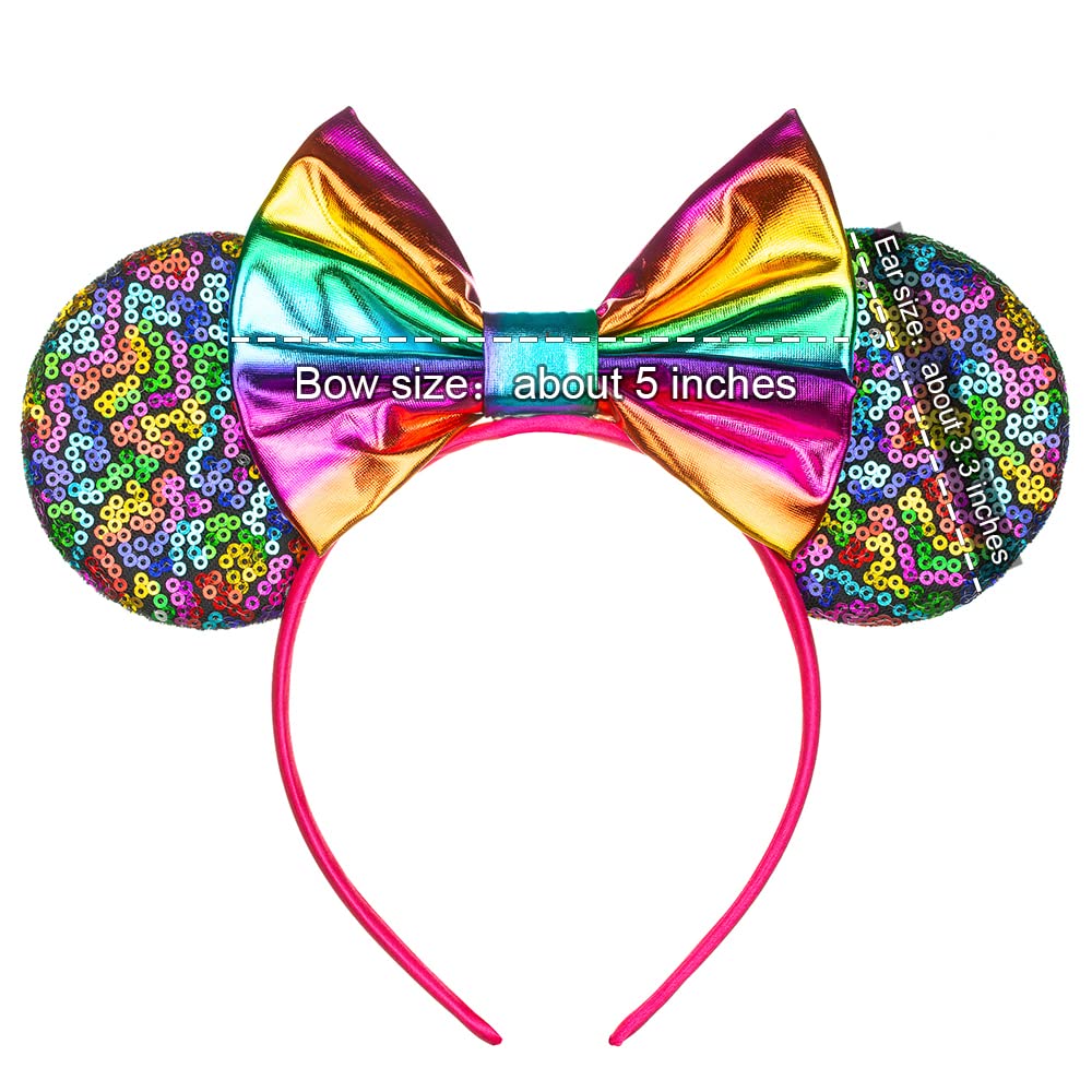 Foeran Mouse Ears Headbands Shiny Bows Mouse Ears Glitter Party Princess Decoration Cosplay Costume For Girls Women (Magic Rainb
