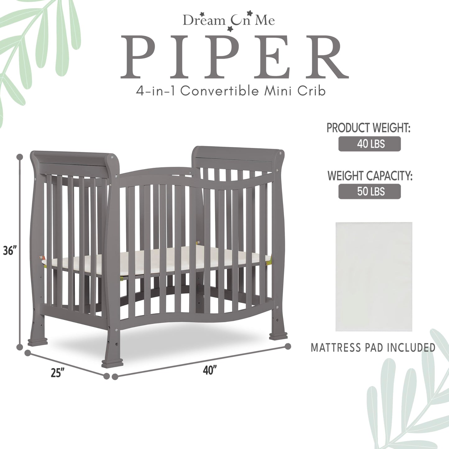 Dream On Me Violet 4-In-1 Convertible Mini Crib In Steel Grey, Greenguard Gold Certified, Jpma Certified, 3 Position Mattress He