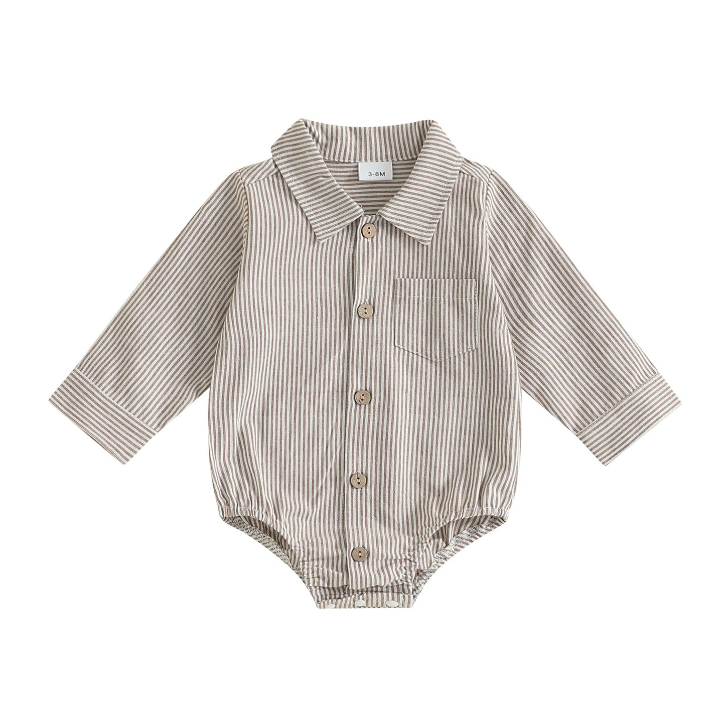 Newborn Baby Boy Fall Clothes Turndown Collar Striped Long Sleeve Romper Button Up Jumpsuit Shirt Bodysuit (Khaki, 3-6 Months)