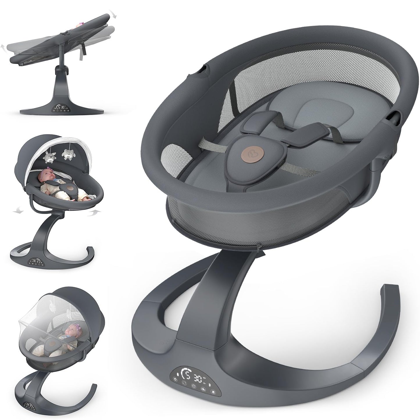 Obee Odee Baby Swing - 5 Speeds, 12 Lullabies, Portable with 360 Rotating Seat, Adapter & Battery Operated, Indoor & Outdoor (Gr