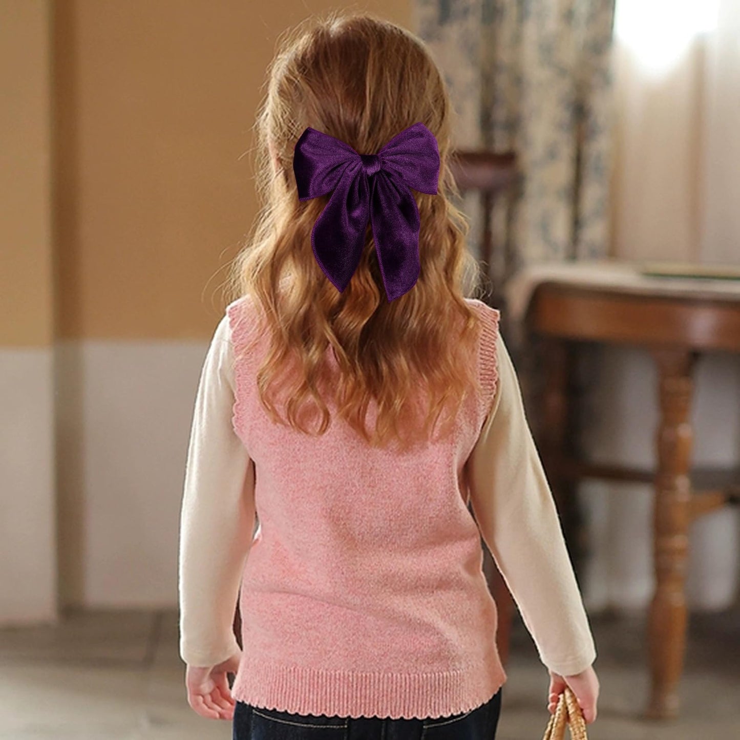 Velvet Fable Bow Hair Clips Baby Girls 5' Big Deep Purple Velvet Ribbon Sailor Bow Cheer Barrettes For Toddler Kids Teen Women