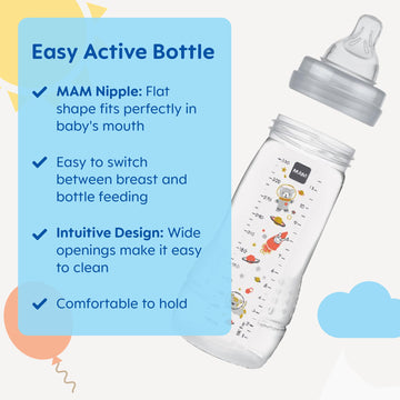 Mam Easy Active Anti-Colic Baby Bottle 11 Oz, Fast Flow, Breastfeeding-Like Silicone Nipple Bottle, Reduces Colic, Gas, & Reflux