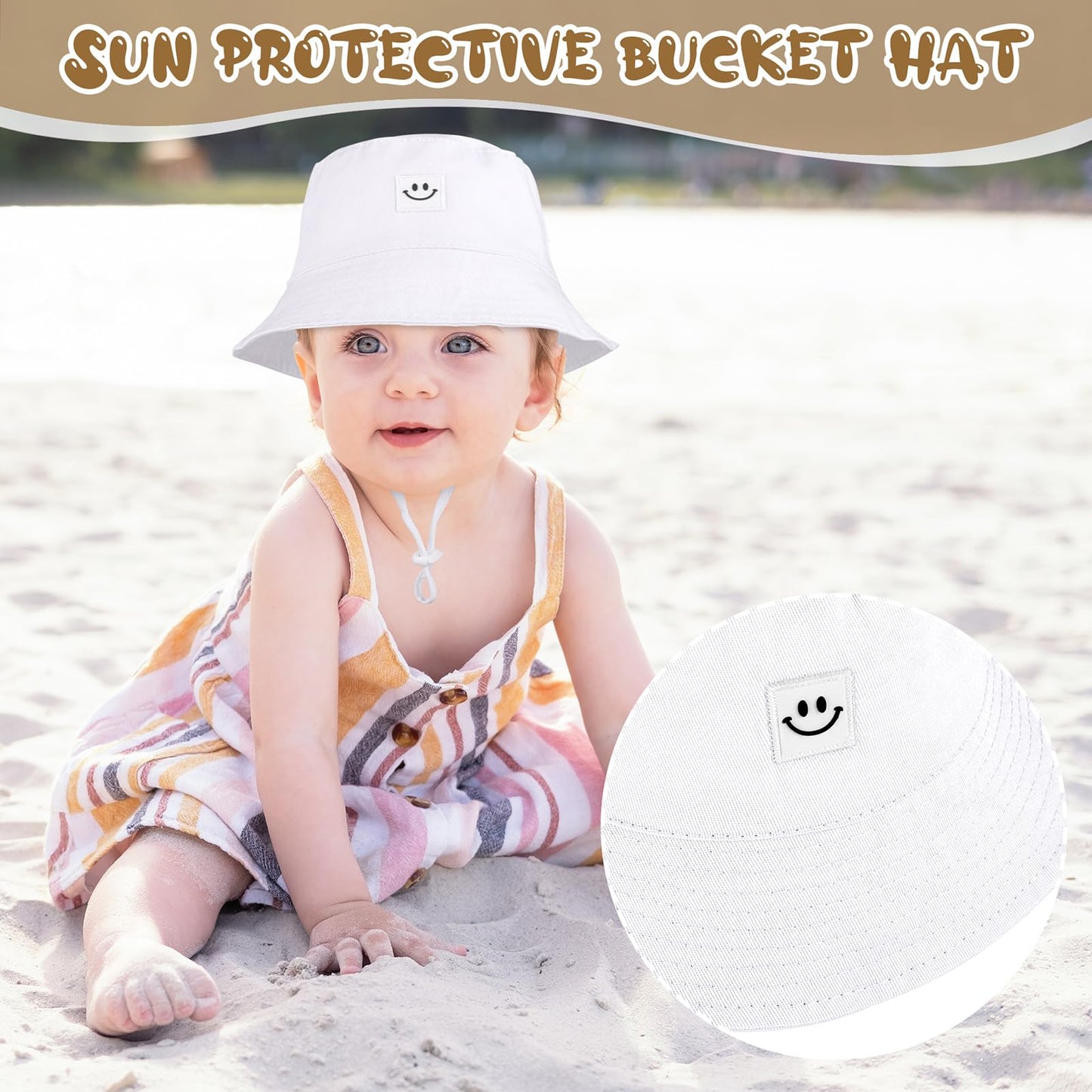 Cooraby 4 Pack Baby Sun Hat Breathable Smile Bucket Hat Toddler Sun Protective Bucket Hat Adjustable Cap For Baby Girl Boy (0-6