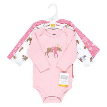 Hudson Baby Unisex Baby Cotton Long-Sleeve Bodysuits, Pink Moose Bear, 18-24 Months
