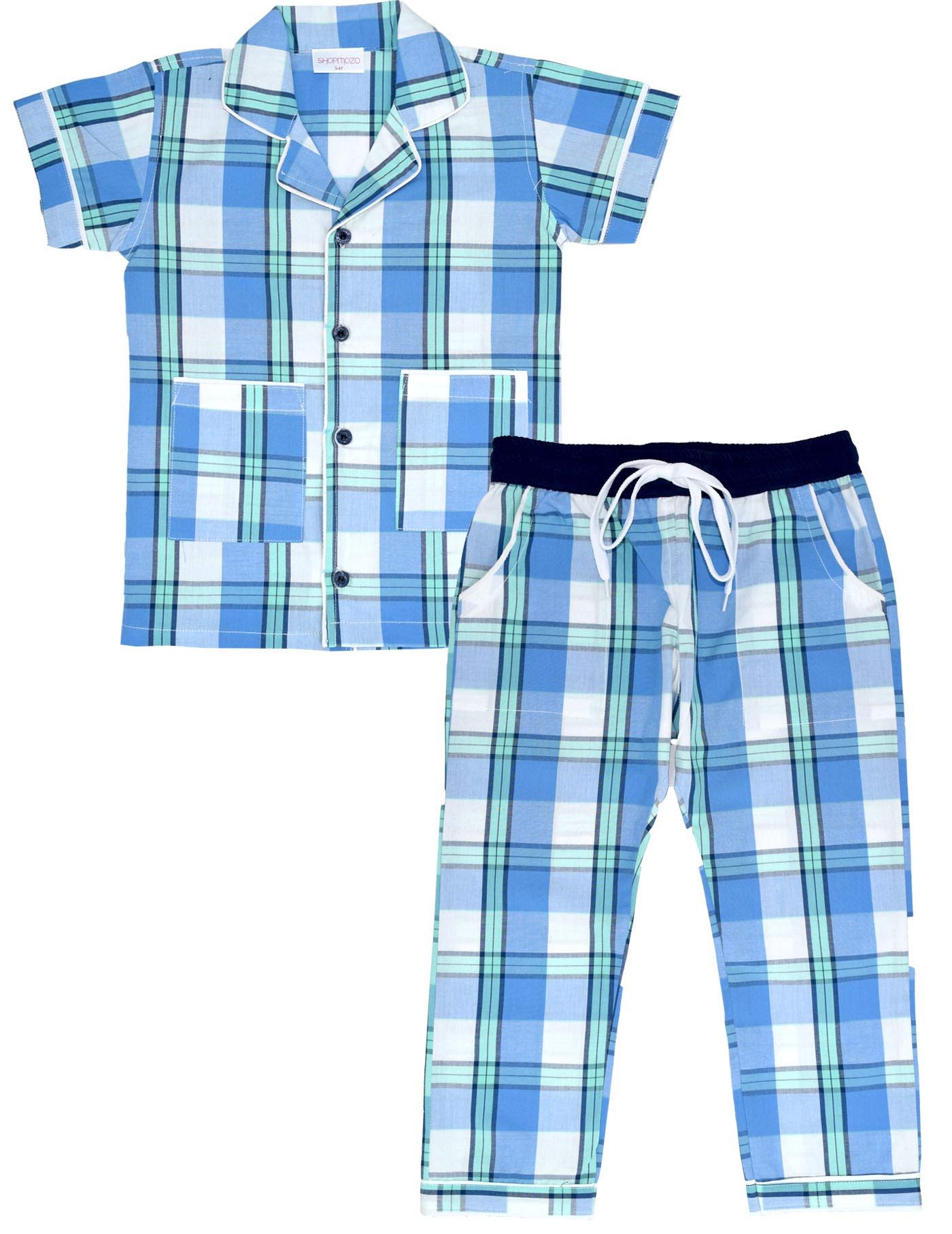 SHOPmOZO Unisex 100% Pure Cotton Short Sleeve Checkered Kids Wear Night Suit for Boys and Girls Full Pyjama and Top Combo Set (S