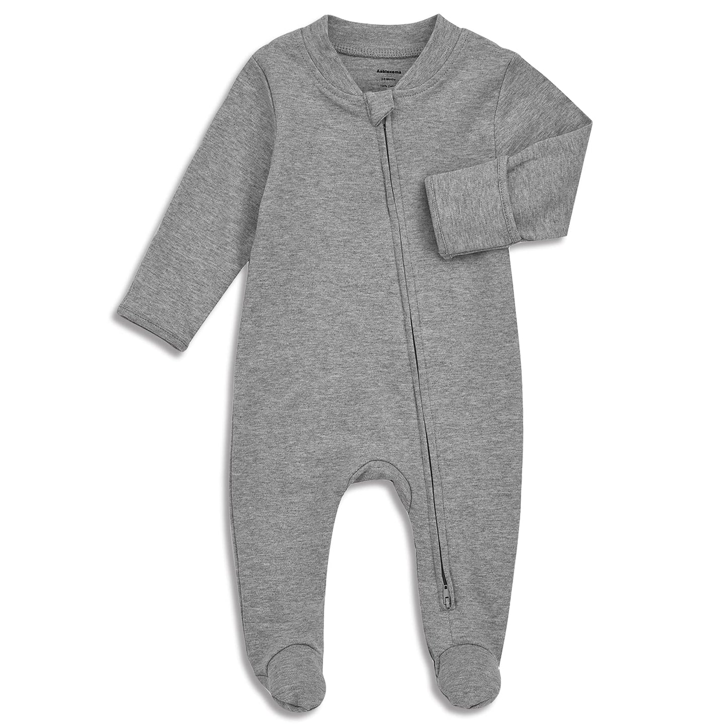 Aablexema Organic Cotton Baby Footies Pajamas With Mittens - Neutral Newborn Infant Zip Up Sleep Play(Grey,0-3M)