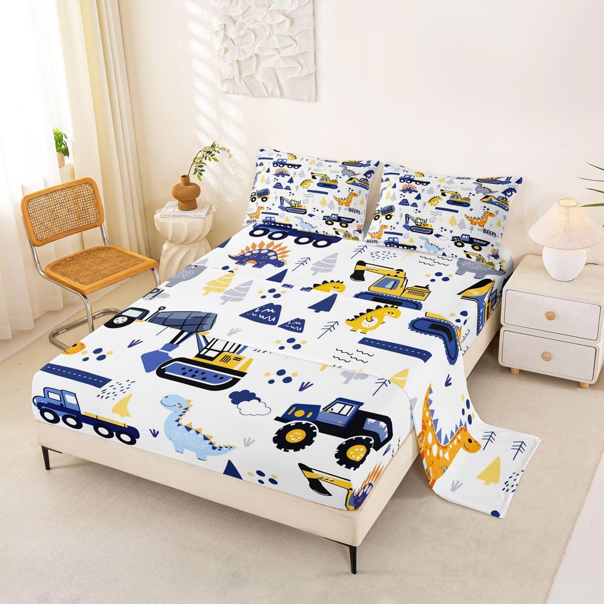 Feelyou Cartoon Car Bed Sheets for Boys Full Size Toddler Kids Construction Dinosaur Bed Set Equipment Trucks Sheet Set Cute Veh