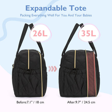 Mommore Diaper Bag Tote Large Expandable Baby Travel Tote For 2 Kids Twins, Quilted Hospital Bag For Mom, Weekender