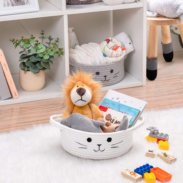 Hichen Small Round Woven Rope Basket, Cute Dog Toy Basket For Living Room, Decorative Nursery Basket For Toys, Diapers, Empty Gi