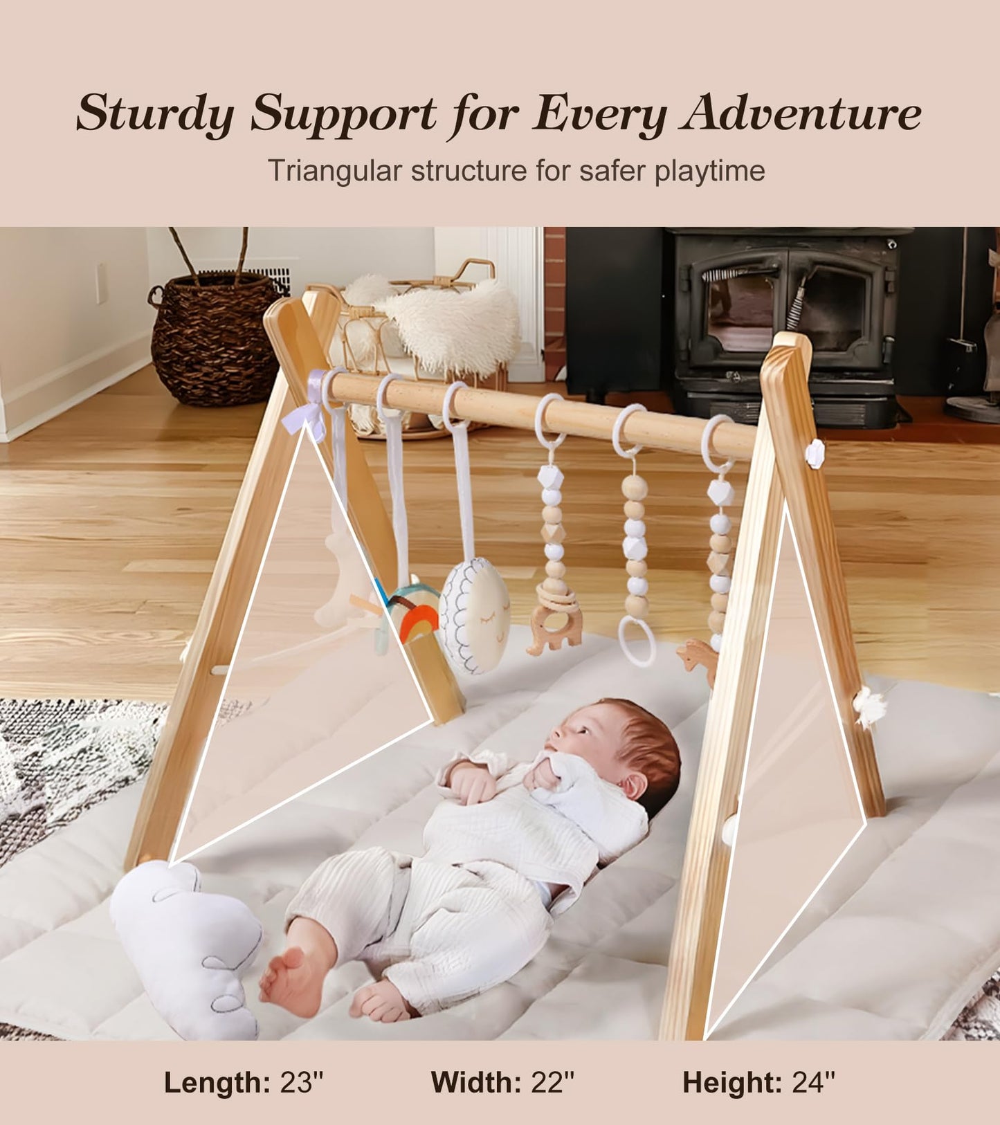 Wooden Play Gym With Beige Mat, Foldable Baby Play Gym, Infant Activity Mat With 6 Hanging Toys, Natural Pine Wood Frame Activit