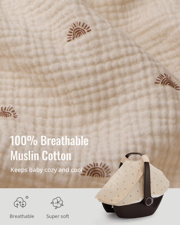 Blissful Diary Baby Car Seat Cover, Extra Large Mesh Window, Breathable Muslin Cotton, Infant Windproof Canopy - Rainbow