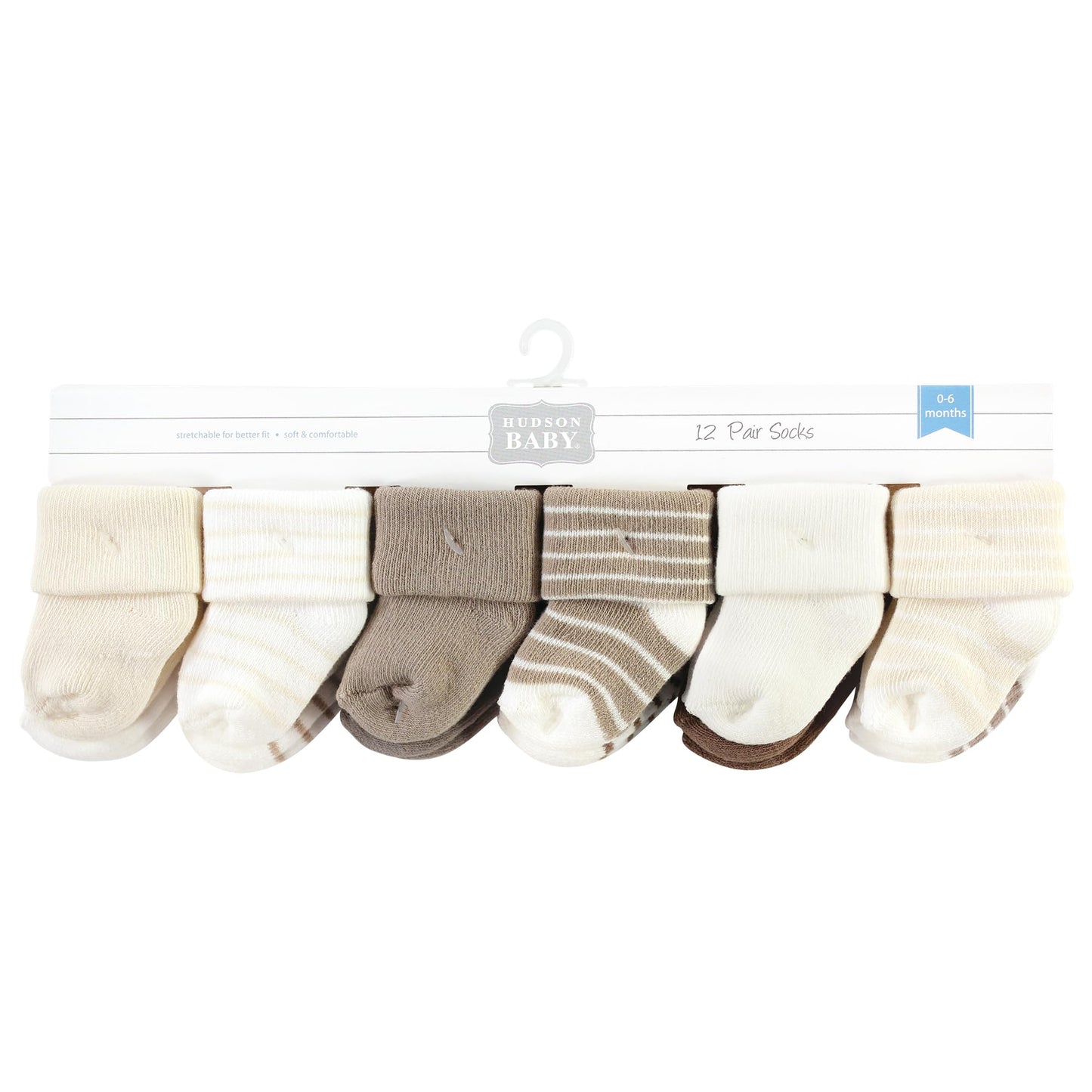 Hudson Baby Unisex Baby Cotton Rich Newborn And Terry Socks, Beige Stripe 12 Pack, 0-6 Months