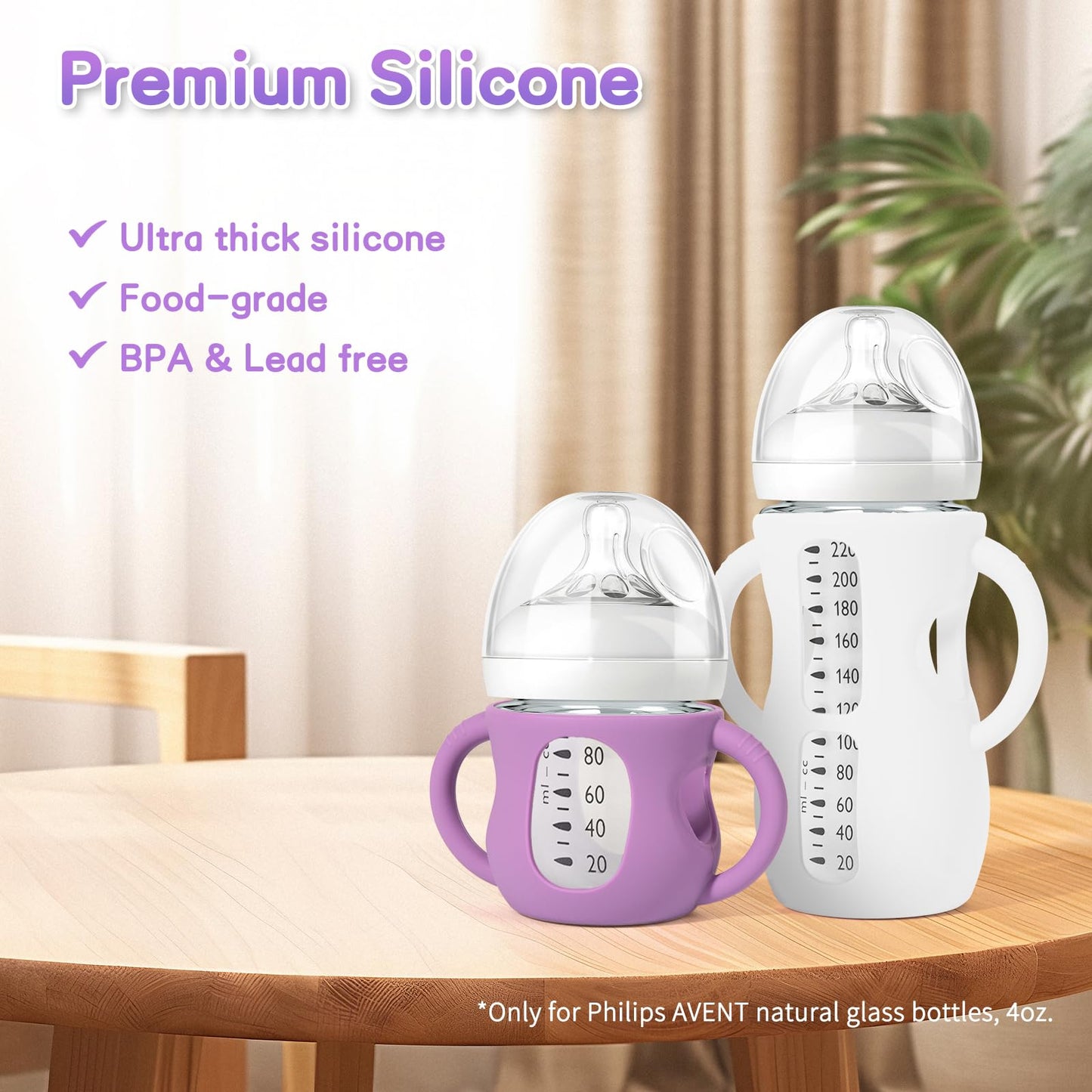 Audrwall Silicone Sleeves For Avent Natural Glass Baby Bottles, Bpa Free, Anti Breakage Baby Bottle Holder (Purple + White, 4 Ou
