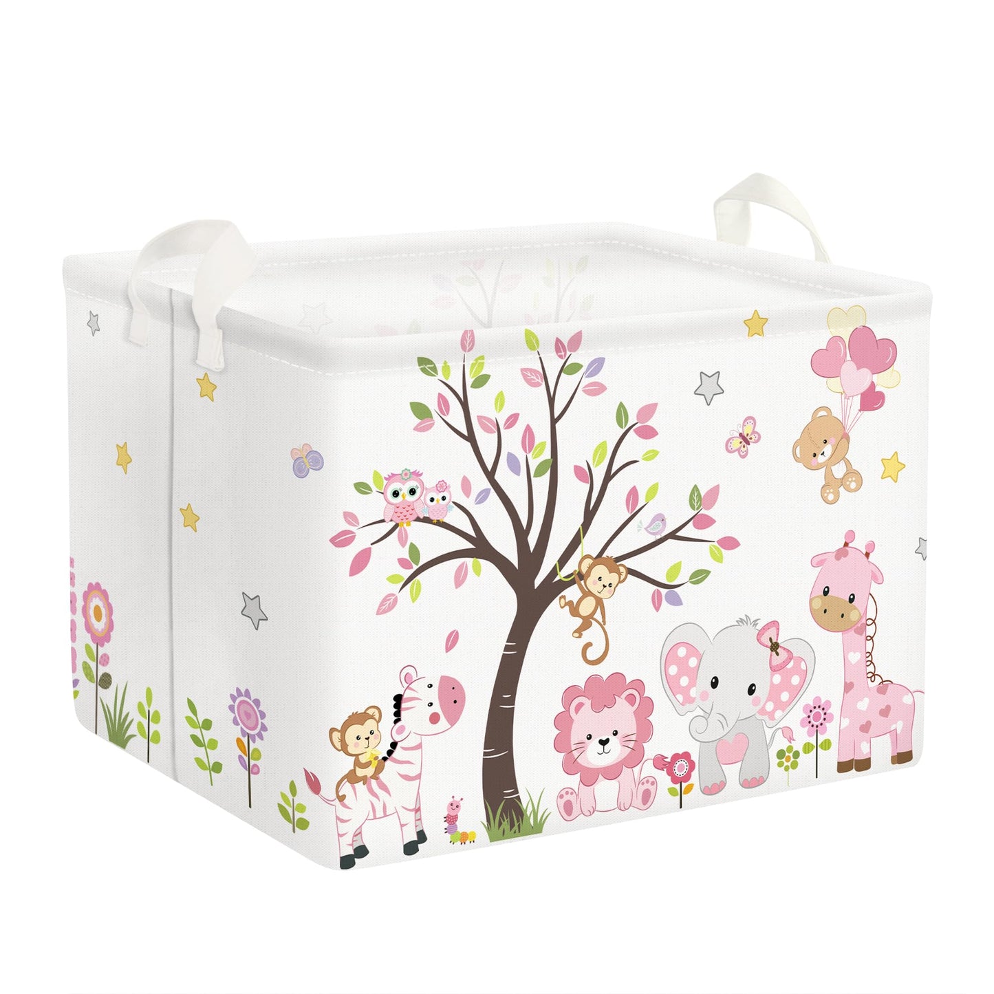 Clastyle Collapsible Large Pink Woodland Animal Baby Girl Bakset Jungle Animals Lion Giraffe Book Shelf Basket with Handle Recta