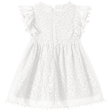 Niyage Toddler Girls Elegant Lace Pom Pom Flutter Sleeve Party Princess Dress White 90