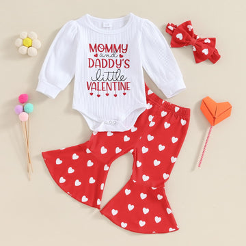 Twopumpkin My First Valentines Day Baby Girl Outfit Infant Daddys Valentines Onesie Newborn Bell Bottoms Valentines Clothes (Mom