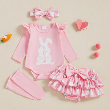 Beqeuewll Newborn Baby Girl Easter Outfit Bunny Clothes Long Sleeve Romper+Bloomers Tutu Skirt+Socks+Headband 4Pcs (1St Easter,