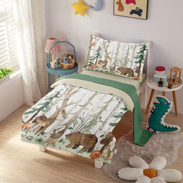 Ckou Ccoo 4 Pieces Woodland Animal Toddler Bedding Set, Forest Deer Bear Bed Comforter Setfor Baby Boys Girls, Cute Toddler Quil