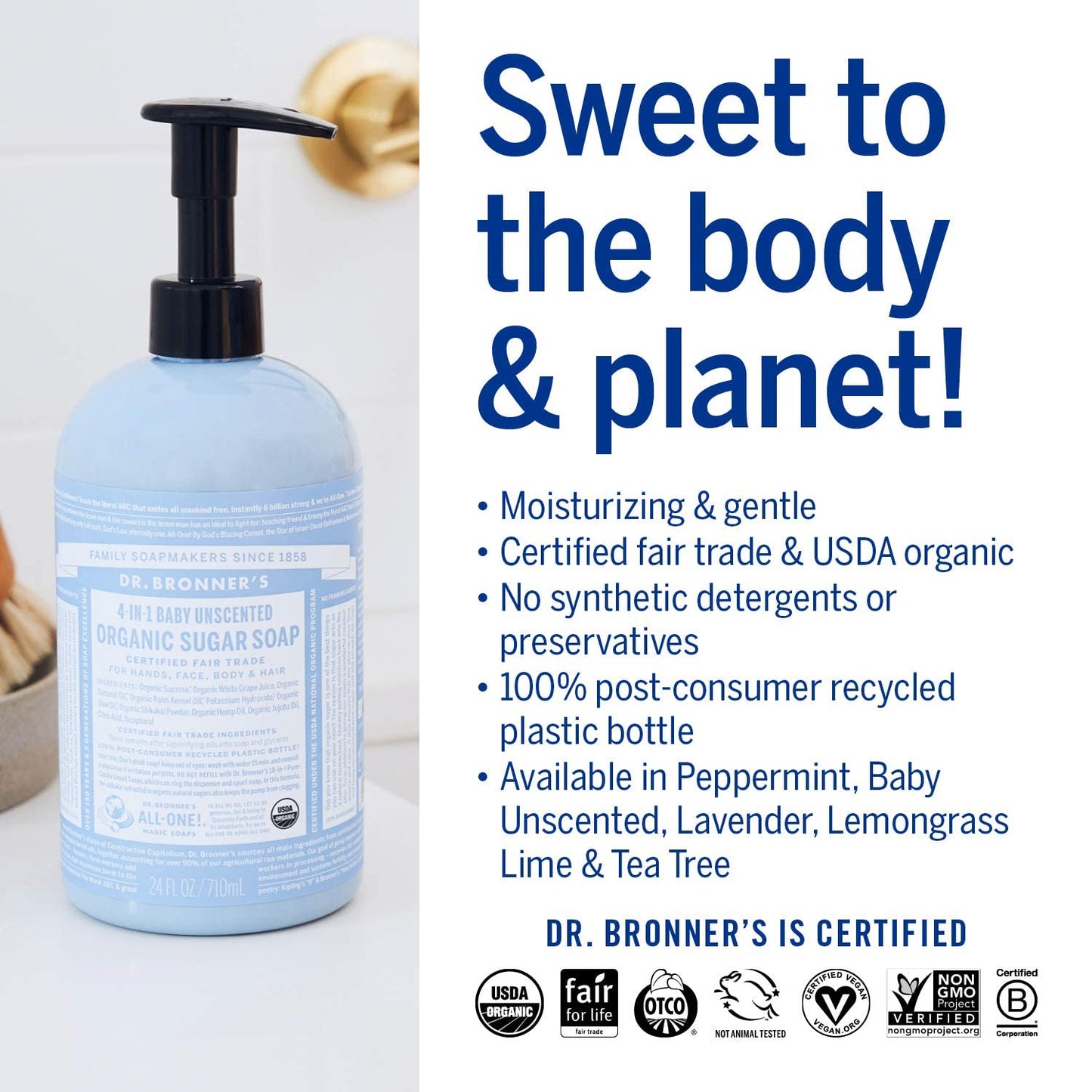 Dr. Bronners Baby Unscented Gift Set - Pure-Castile Liquid and Bar Soaps, Organic Magic Balm, and 4-in-1 Organic Sugar Pump Soa