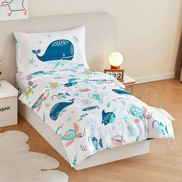 Perfemet 4 Pcs Toddler Bedding Set Ocean Themed Toddler Comforter For Girl Soft Reversible Under Sea Animals White Toddler Bed I