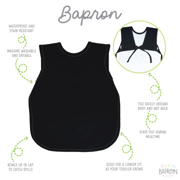Bapronbaby Minimalist Black Bapron - No Neck Tie Safer Bib For Baby & Toddler - Soft Waterproof Stain Resistant - Machine Washab