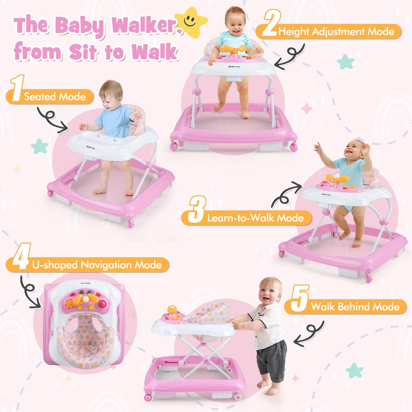 Honey Joy Baby Walker, 5 In 1 Infant Activity Walker With Wheels, Music, Removable Cushion, Toddler Foldable Push Walker For Boy