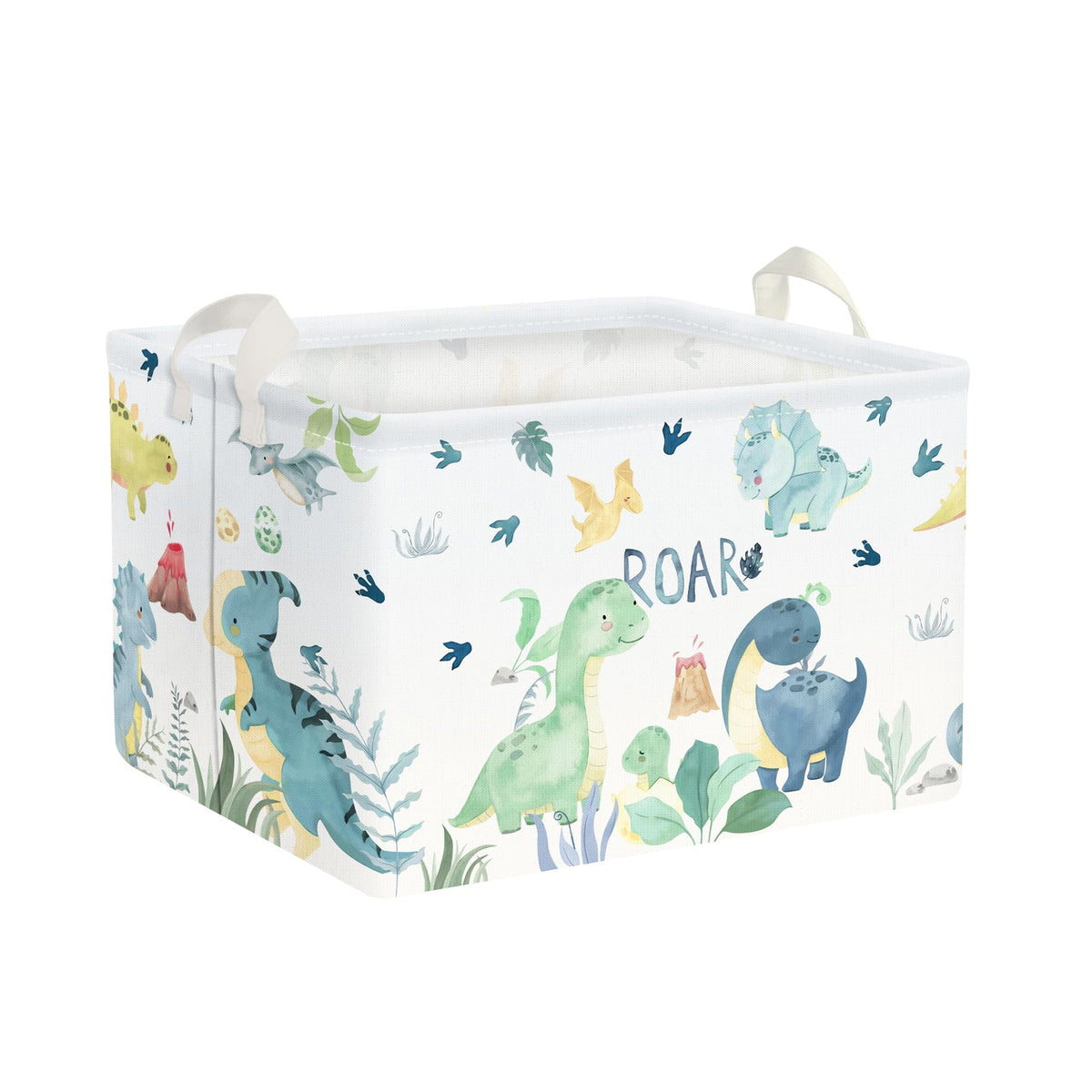 Clastyle Adorable Watercolors Green Dinosaur Shelf Basket Volcano Palm Leaf Collapsible Storage Bin Rectangle Clothes Books Toy