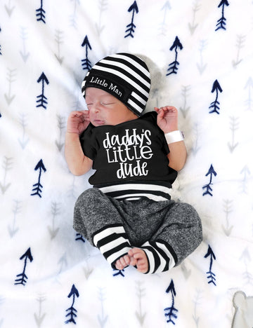 Fommy Baby Boy Clothes Newborn Boy Outfits Daddy'S Little Dude Newborn Rpmper Little Man Pants Hat 3Pcs Cute Infant Boy Clothes