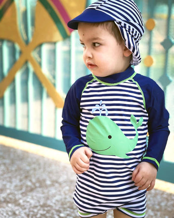 Uideazone Little Baby Boy Swimsuit Striped Long Sleeve One Piece Rash Guard With Sun Hat Whale Bahting Suit Swimwear 18-24 Month