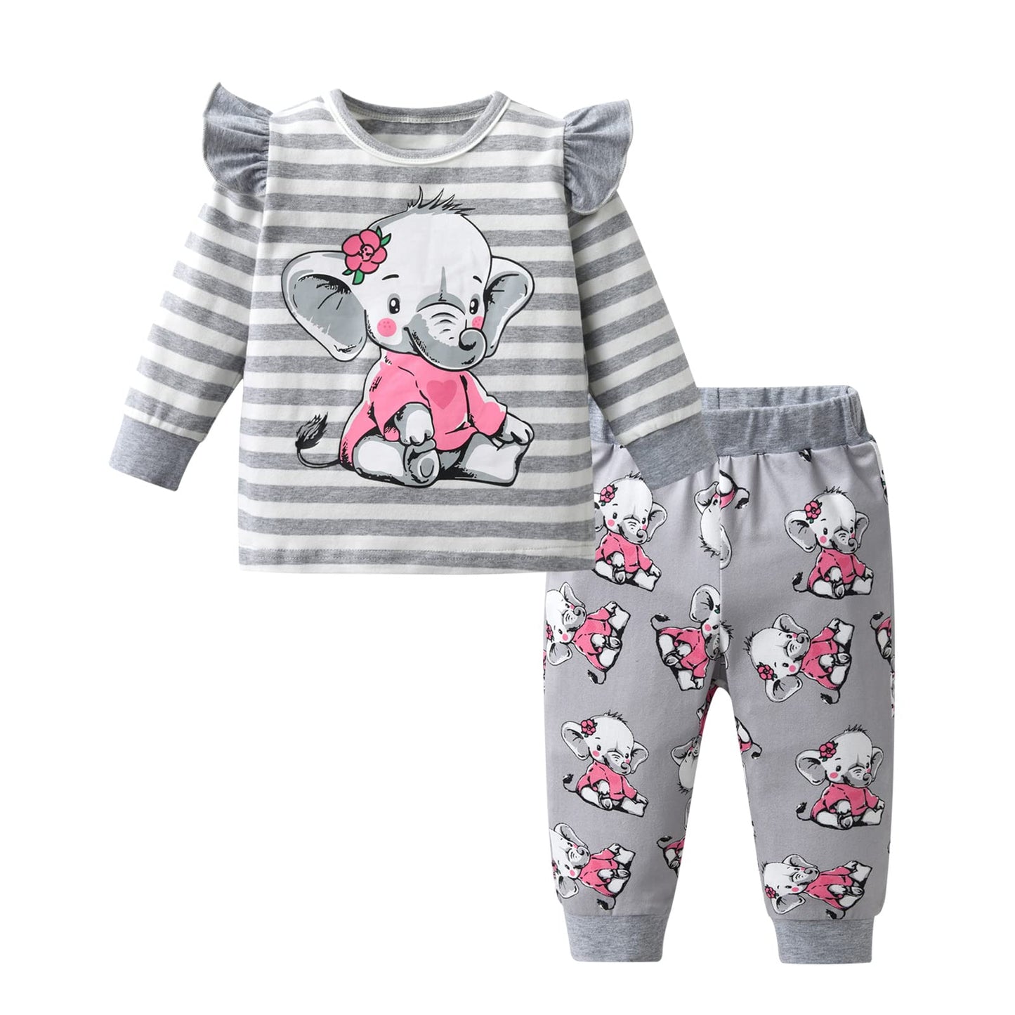 Eghunooy Baby Girls Clothes Set 2 Piece Long Sleeve Cartoon Elephant Infant Outfits (9-12 Months) Grey