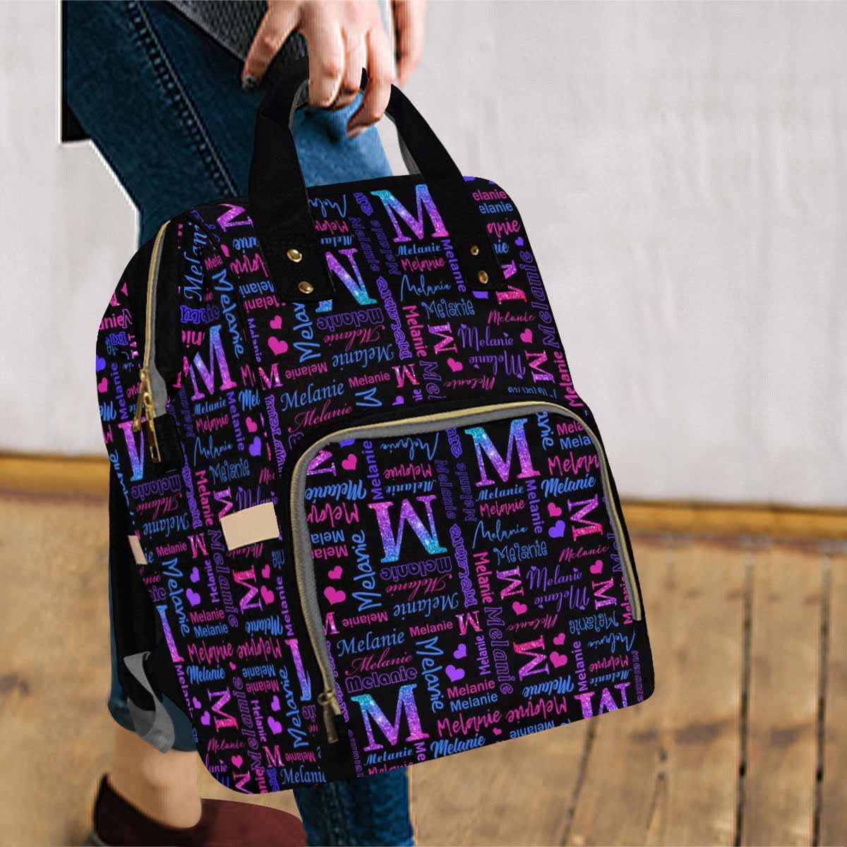 Artsadd Custom Monogram Diaper Back Pack With Thermal Pockets, Gradient Purple Glitter Travel Backpack Customized Baby Bags With