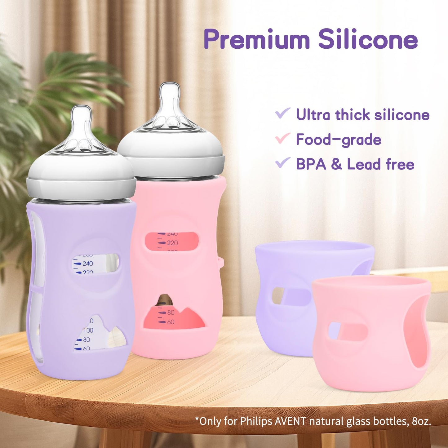 Audrwall Silicone Sleeves For Avent Natural Glass Baby Bottles, Bpa Free, Anti Breakage Baby Bottle Holder (Purple + White + Pin