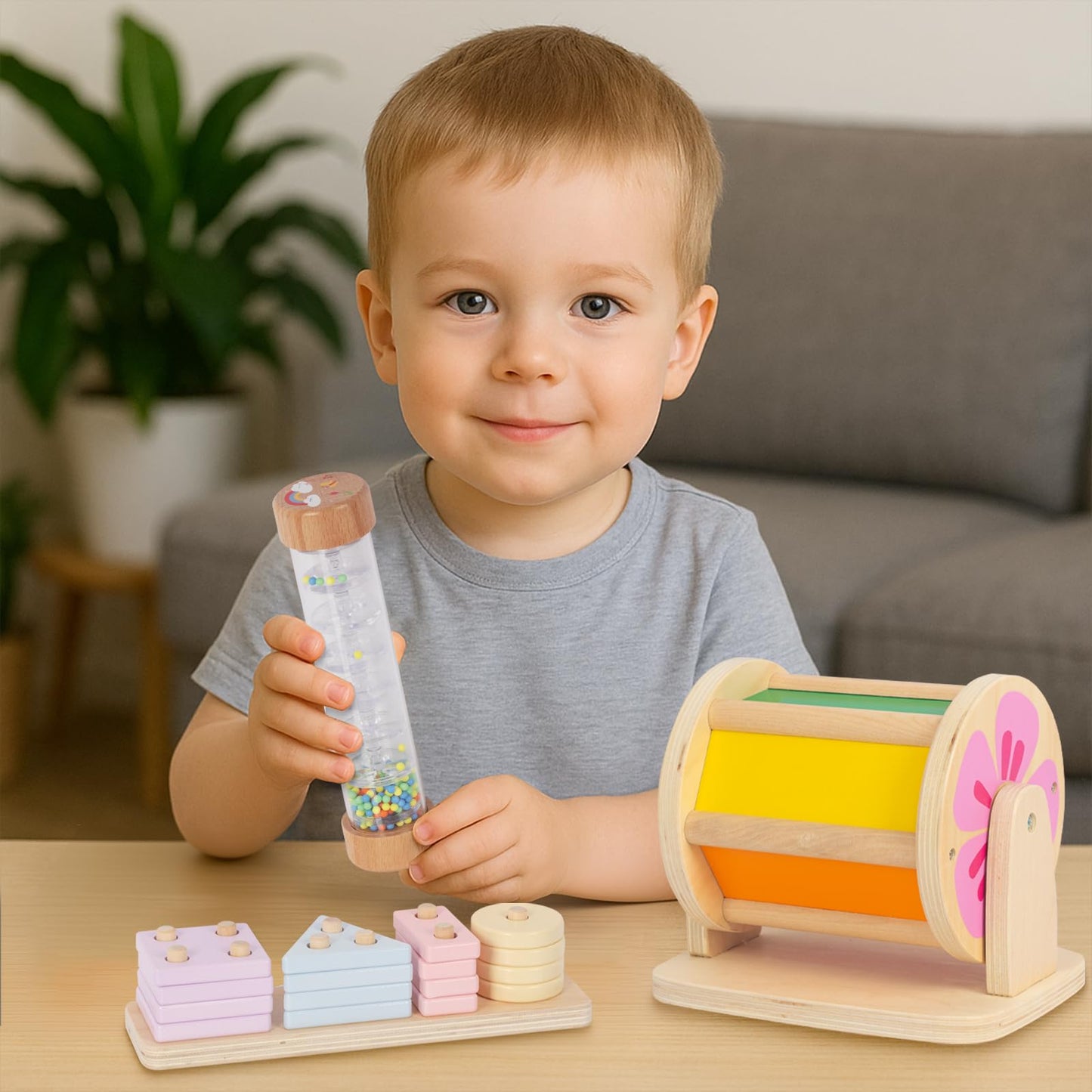 Wooden Baby Toys, 6-in-1 Newborn Learning Educational Sets Includes Mirror Spinning Drum, Rain Stick, Soft Cloth Books, Shape So