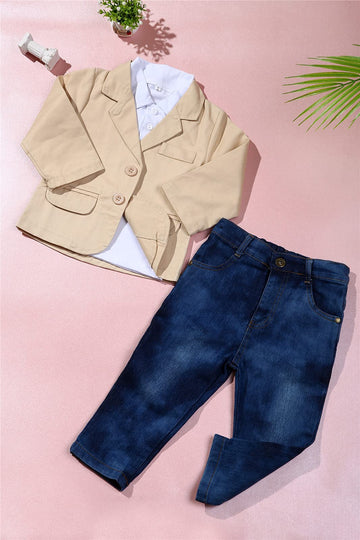 Taojian Baby Boy Gentleman 3 Pieces Shirt Jacket Jeans Set Toddler Pants Clothing (1-2T, Khaki)