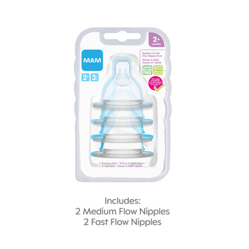Mam Bottle Nipples Mixed Flow Pack - Medium Flow Nipple Level 2 And Fast Flow Nipple Level 3, For Newborns And Older, Skinsoft S