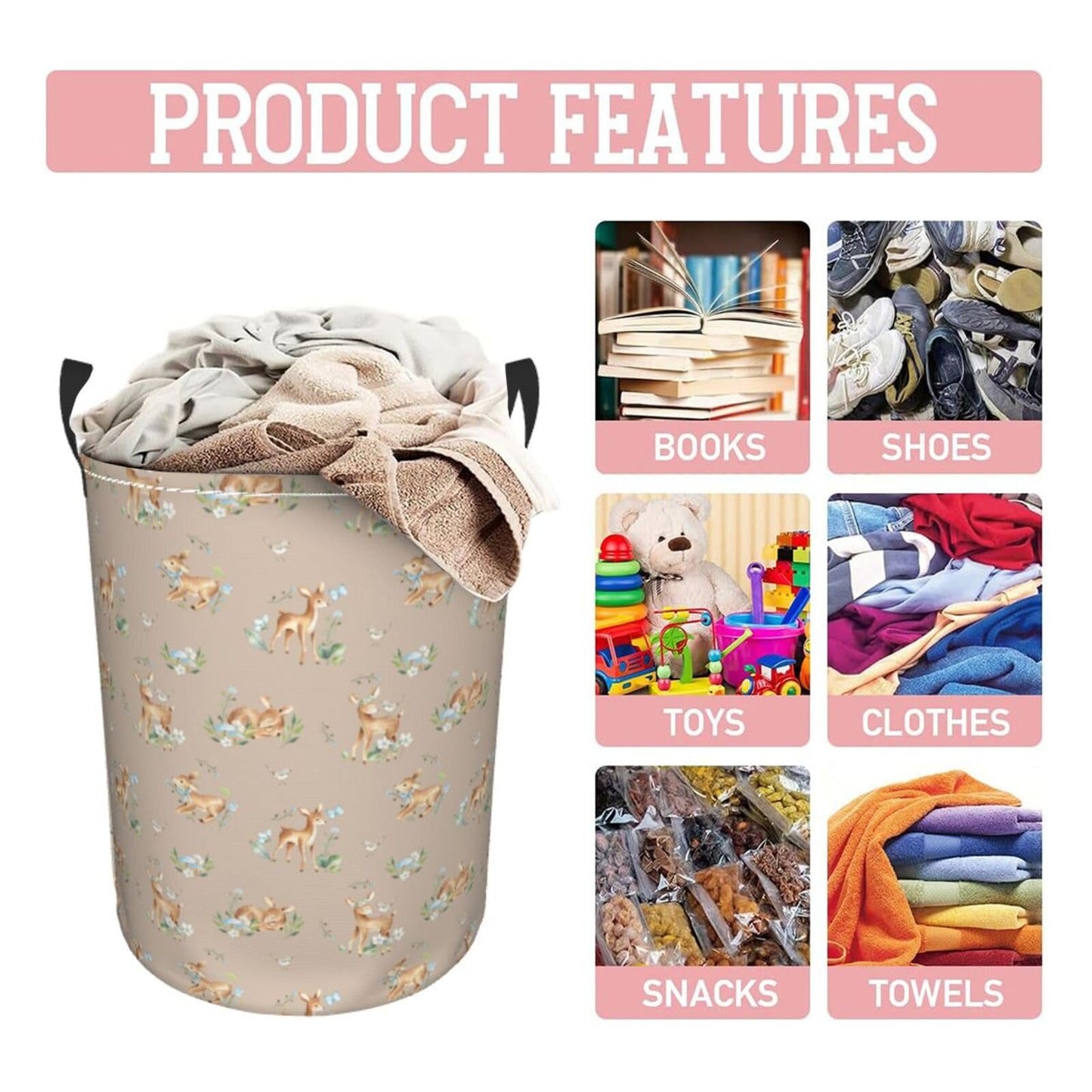 Gbuzozie Watercolor Baby Deers Animal Round Laundry Hamper Storage Basket Toys Clothes Organizer Bin For Home Bathroom Bedroom D
