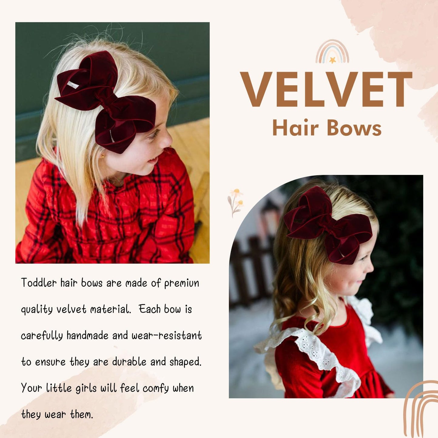 Oaoleer 2Pcs 6Inch Velvet Hair Bows Clips, Red Velvet Bows Hair Alligator Clips Hair Barrettes For Baby Girls Infants Toddlers K
