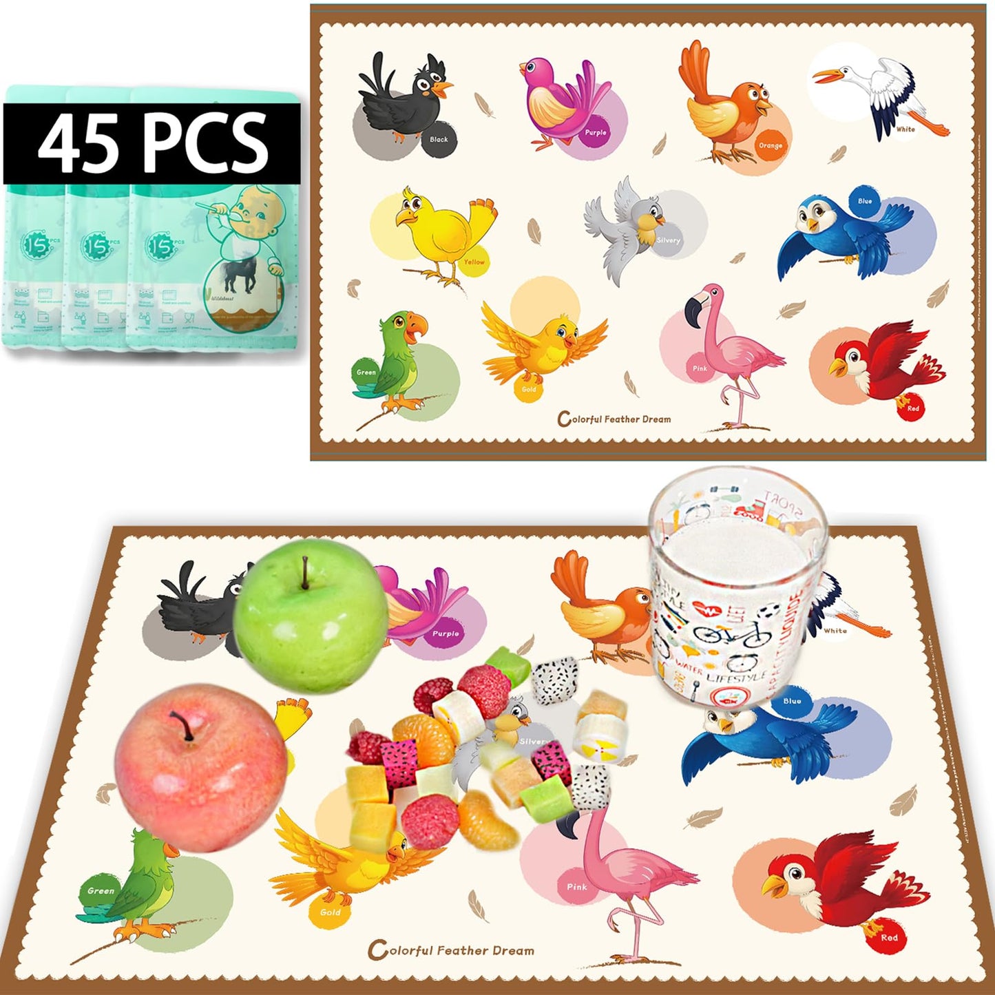 KAshack 45 Pack Sticky Disposable Placemats for Baby & Toddlers,Cute Color Bird Toddler Placemat 12x18 Kids Table Mat for Party,